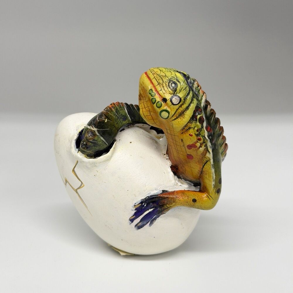 VTG Macias Mexico Iguana Hatching Egg Hand Painted Folk Art Figurine Signed